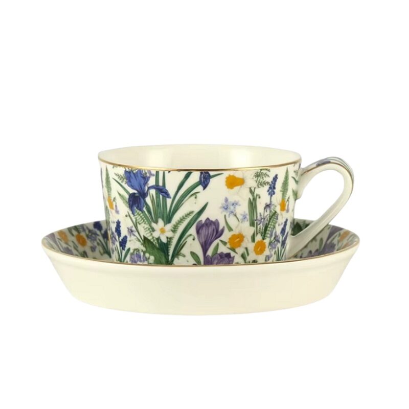 Set of British Tea Cup+Saucer With Gold Trim-Iris Blossom