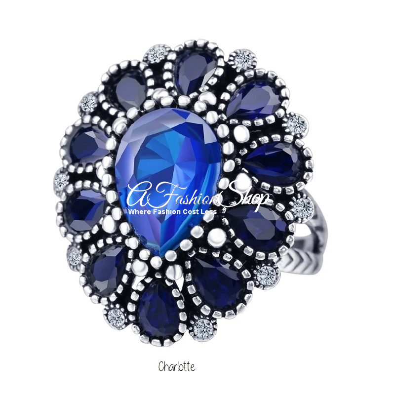 Antique Silver Blue Crystal Cluster Ring