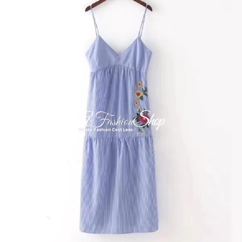 Blue Striped Floral Embroidered Plunge V