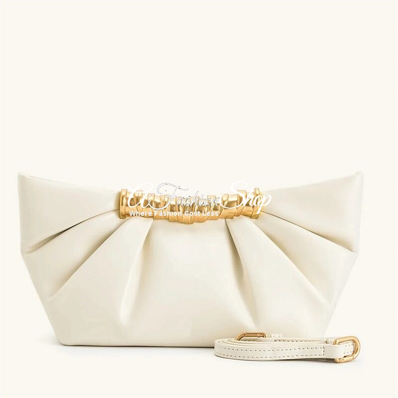 Serena Pleated Leather Frame White Clutch