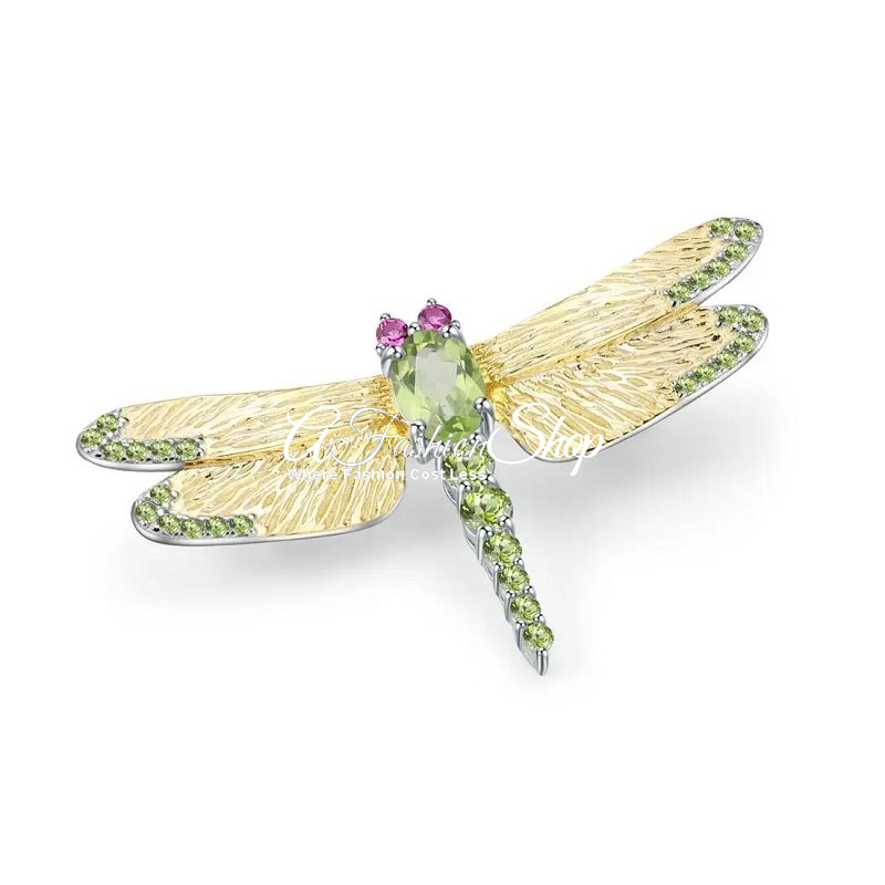Artisan Dragonfly Green Peridot Gold Brooch
