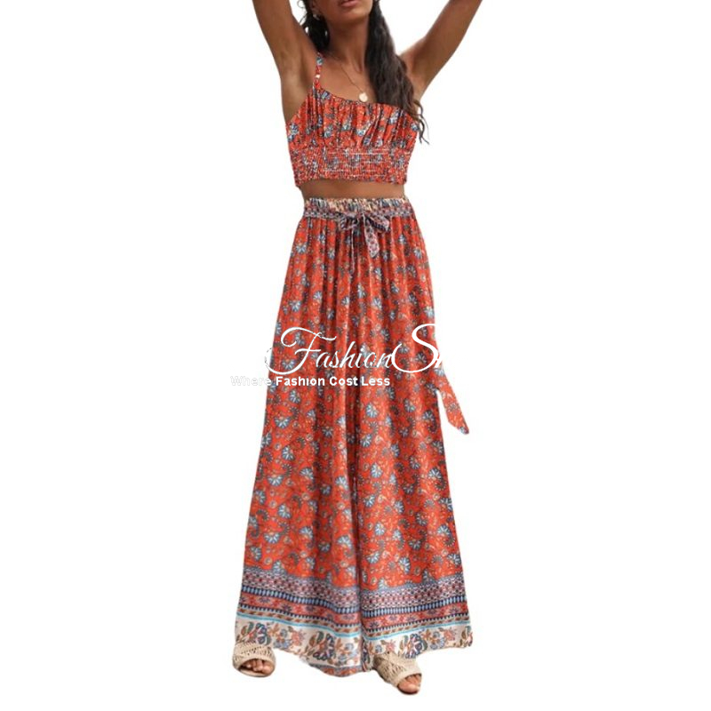 Two-Piece Paisley Smocked Top & Pant Red