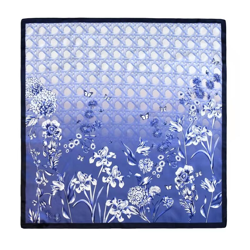 Serene Flora Silk Satin Scarf Blue Botanical