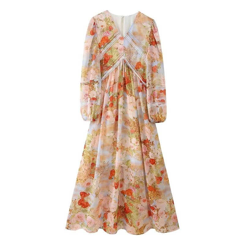 Floral Print Chiffon Gown Lace Inserts