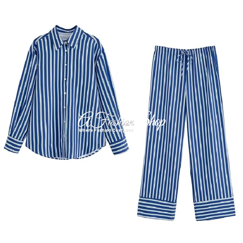 Blue Striped Cotton Button-Up Shirt And Pant