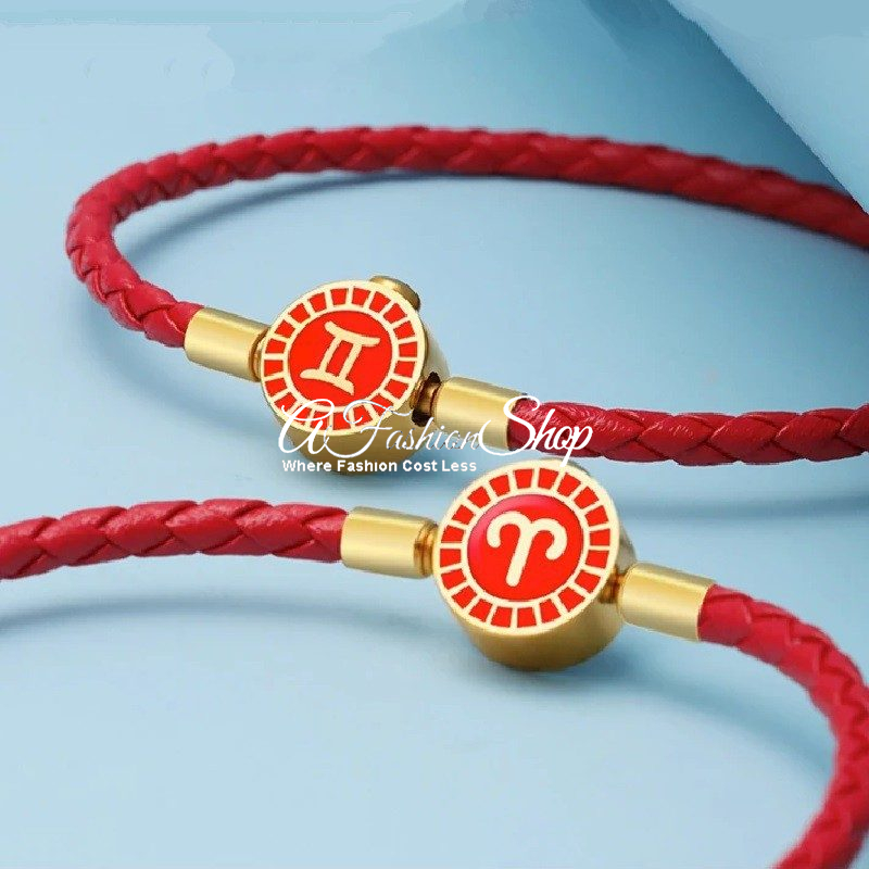 Leather Bracelet by Zodiac Color Red