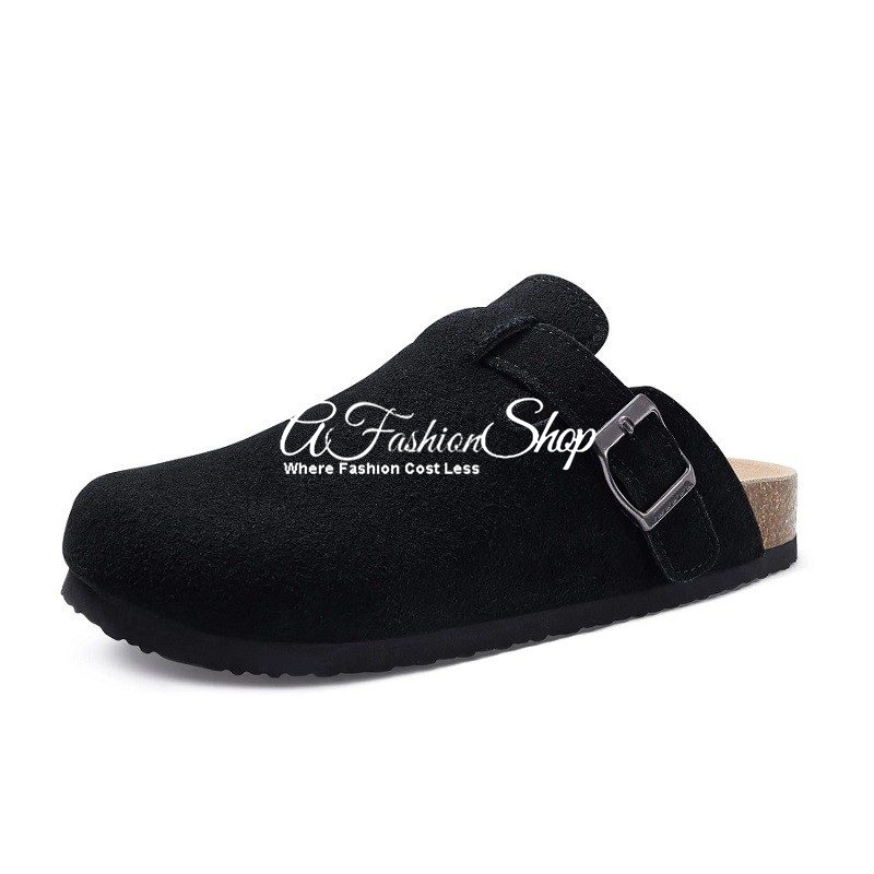 Boston Clog Suede Leather Slide Sandal Black