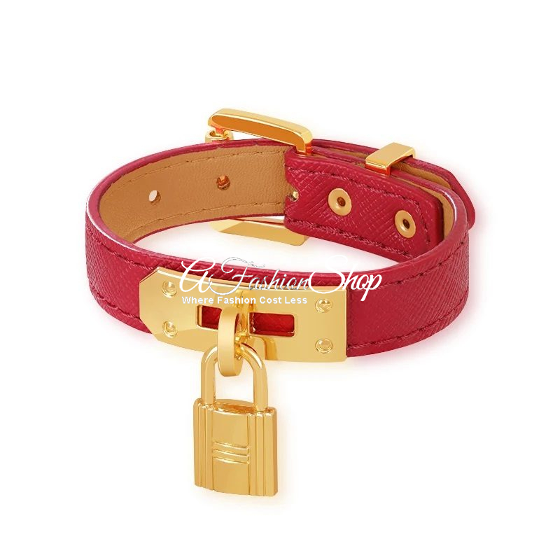 Red Adjustable Leather Bracelet Gold Lock Charm