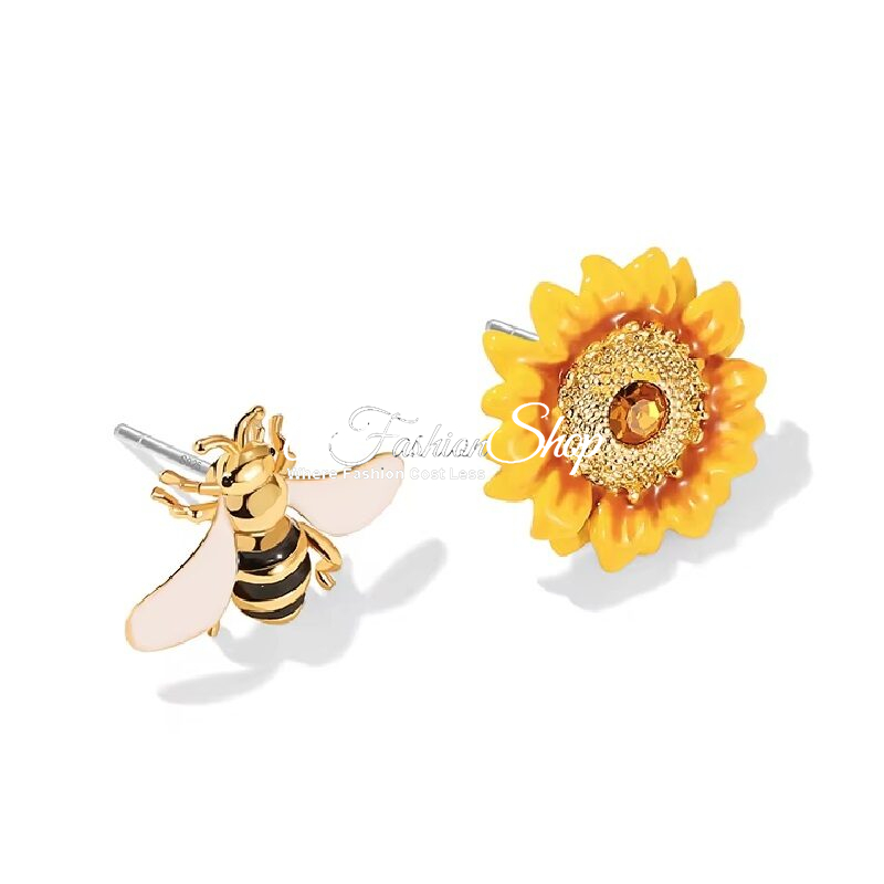 Bee And Sunflower 18ct Gold Asymmetric Earrings