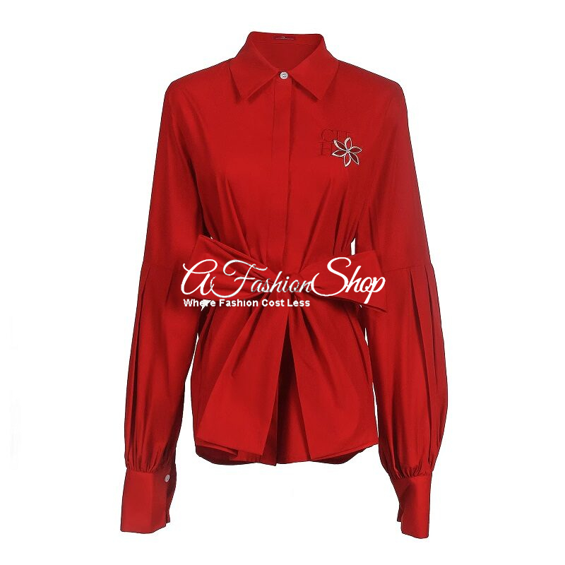 Tie Waist Blouse Red Embroidered Lantern Sleeve