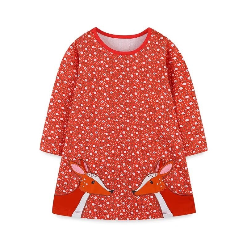 Girls Christmas Moose Long Sleeve Cotton Dress