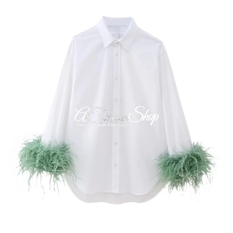 People Faux Feather Trim Button-Up Blouse