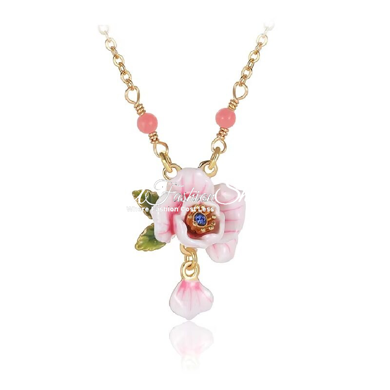 French Rose Petal 18K Gold Plated Enamel Necklace
