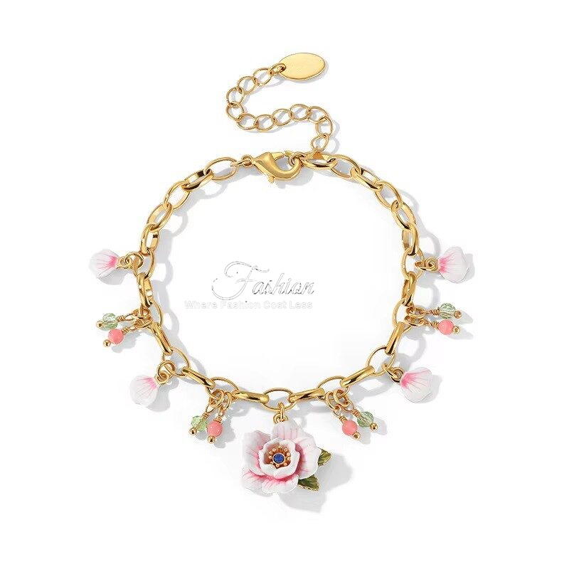 French Rose Bracelet With Pink Flower Charms