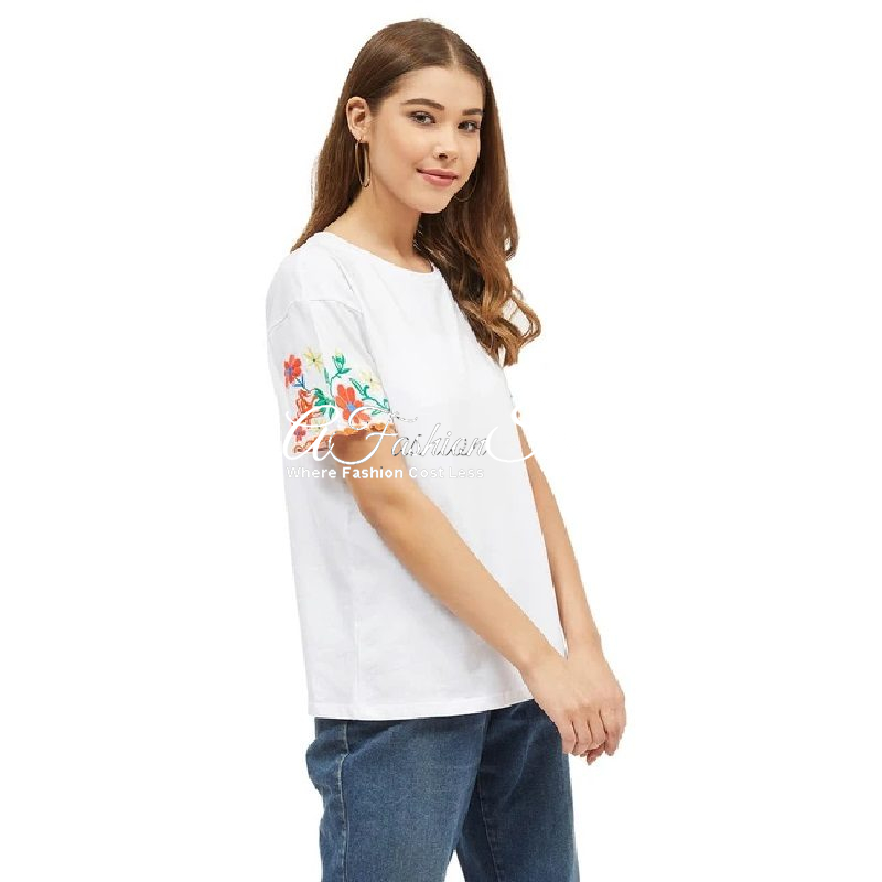Forever Rose Women White Embroidered T-Shirt