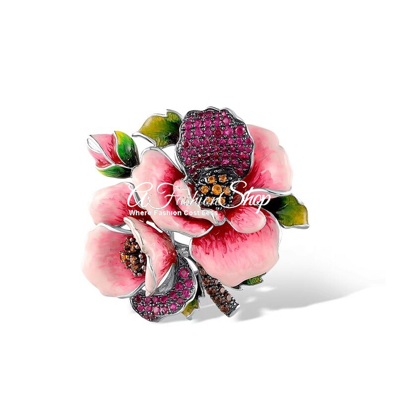 Bloom-In Style Red Ruby Floral Rose Brooch