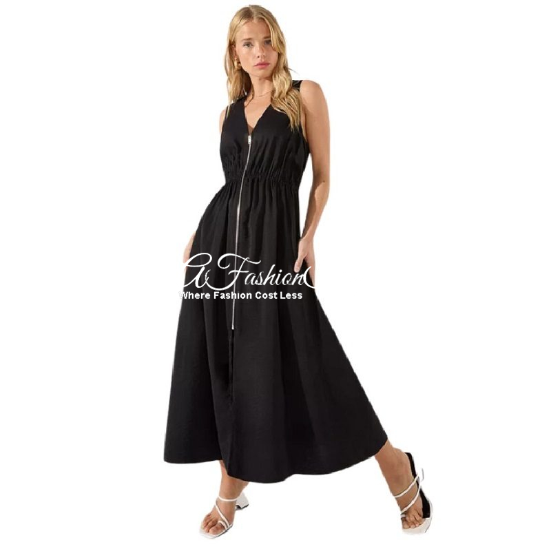 Zip Front Black Midi Dress