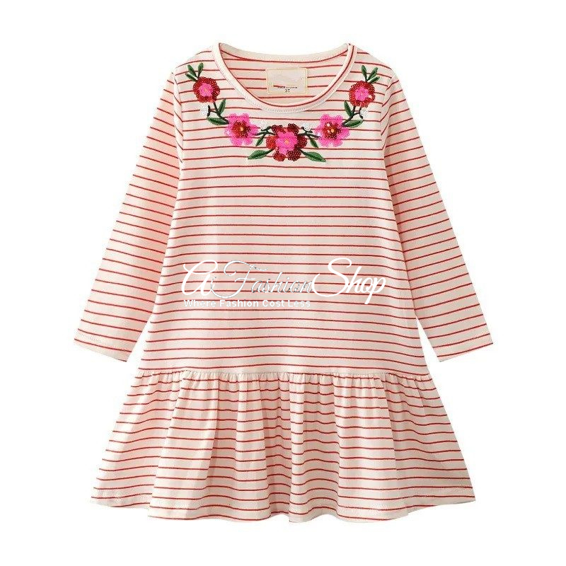 Girl Stripe Embroidered Flower Cotton Mini Dress