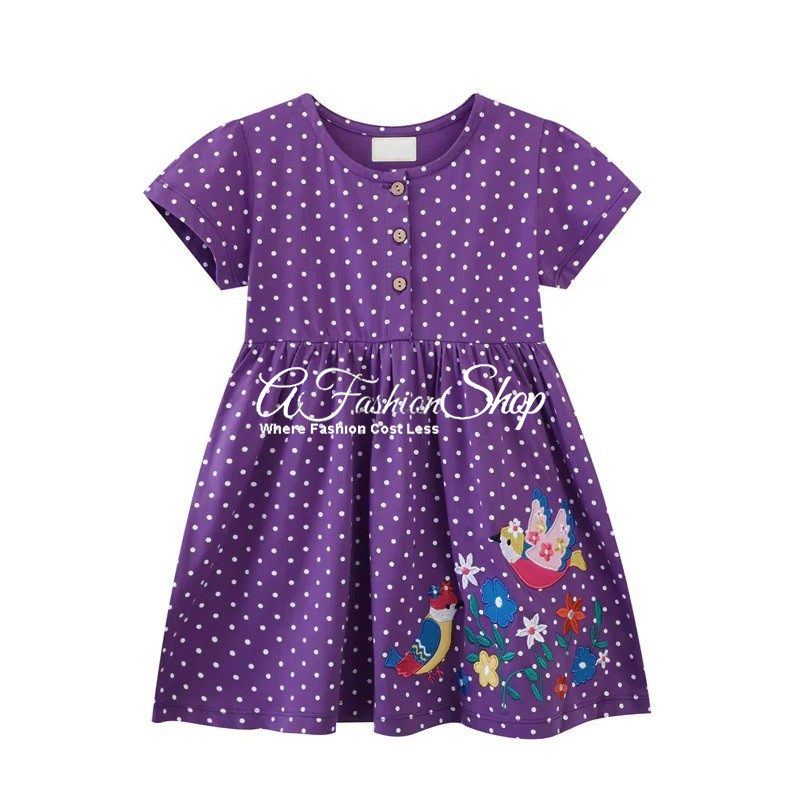 Polka-dots Cotton Dress Bird Pattern Purple