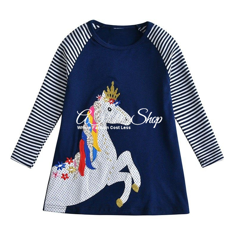 Cute Unicorn Raglan Sleeve Dress -Navy Blue