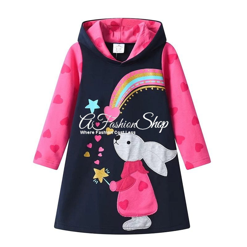Jolie Girl Cotton Hoodie Rainbow Applique Dress