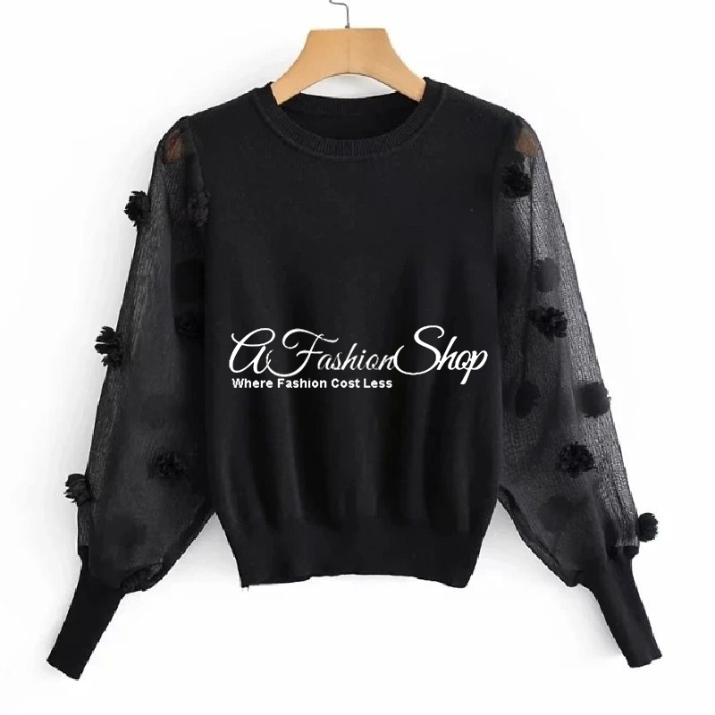 Black Sweater With Pompom Sleeve
