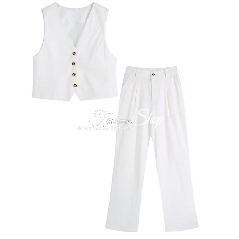 Vest & Straight Leg Pants Linen Set