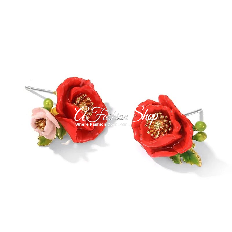 French Red Peony Enamel Mismatched Earrings