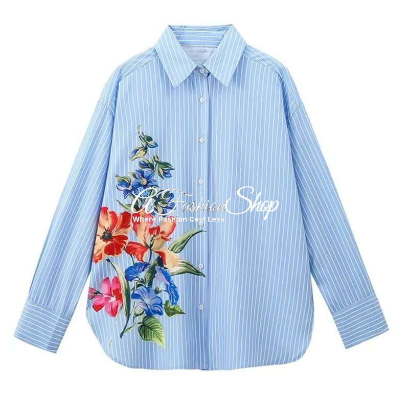 Flower Stripe Blue Button-Up Shirt