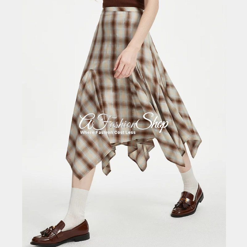 Tartan Plaid Cotton Skirt Khaki