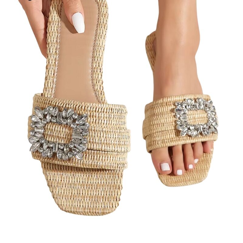 Glam Weave Rhinestone Open-Toe Cane Slippers
