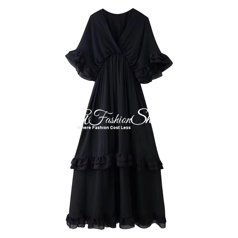 Ruffles Tiered Cotton Blend White/Black Dress