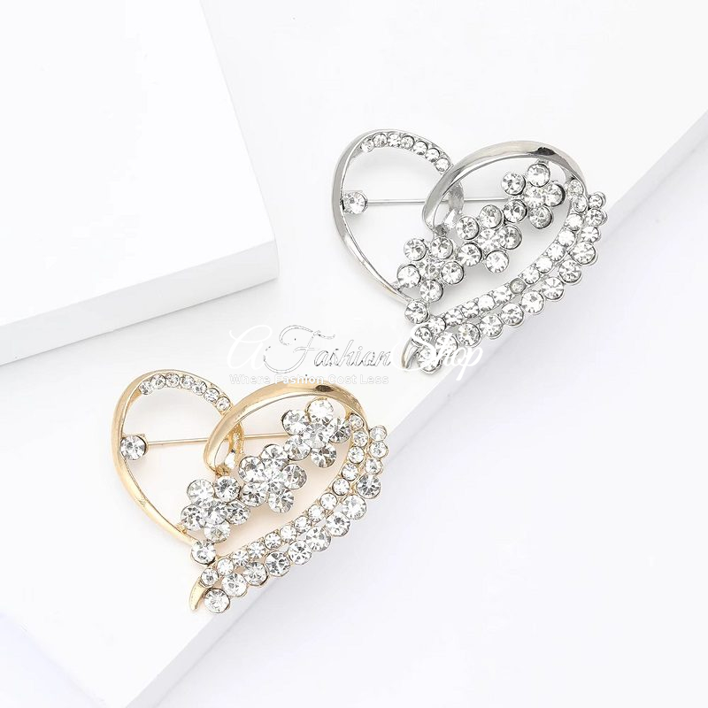 Heart Floral Brooch Silver Gold Metal