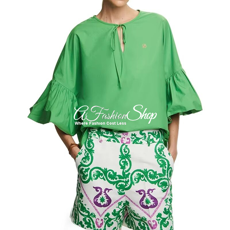 Bell Sleeve Cotton Top Color Green