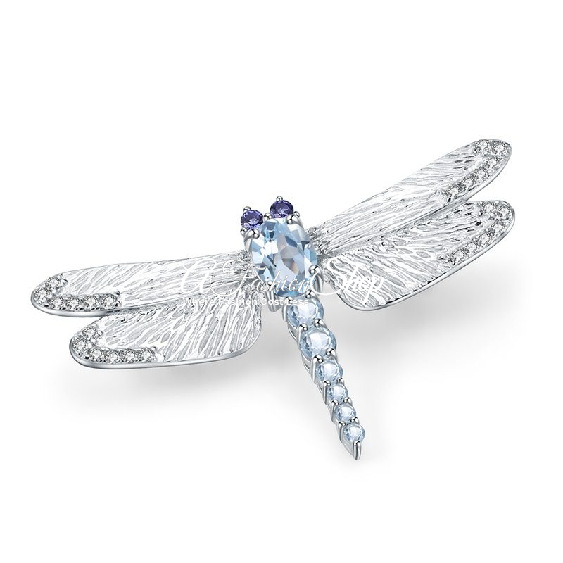 Artisan Dragonfly Blue Topaz Silver Brooch
