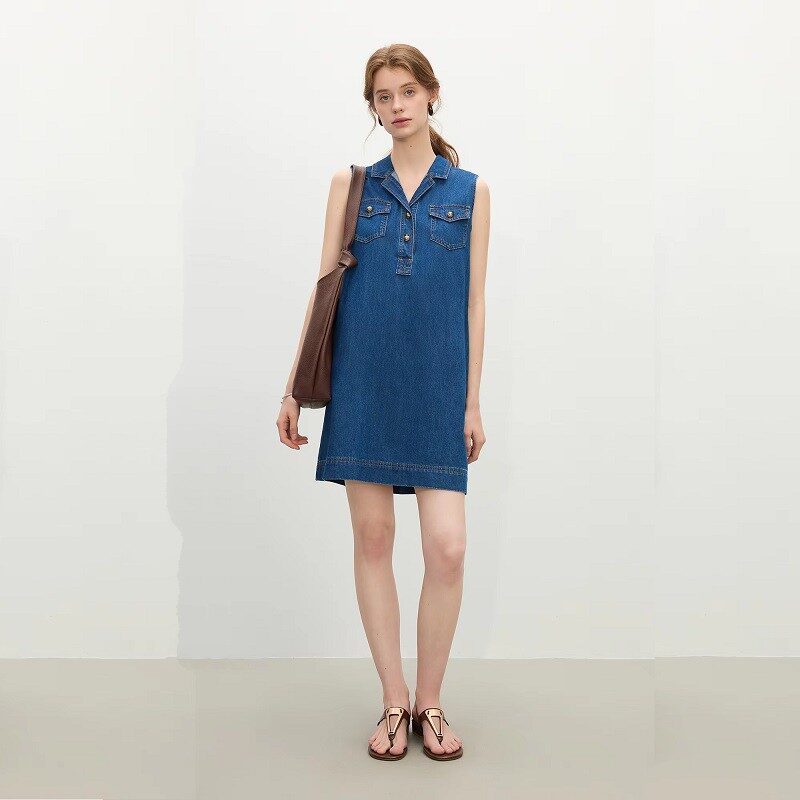 Azure Breeze Sleeveless Denim Shirt Dress