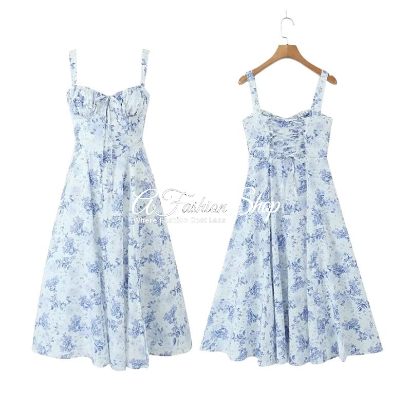 Blue-on-White Floral Dress Lace-up Back Design