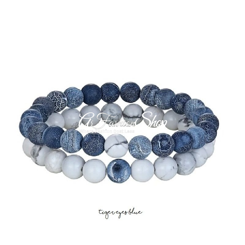 Blue Natural Stone Bracelet White Lava Set of 2