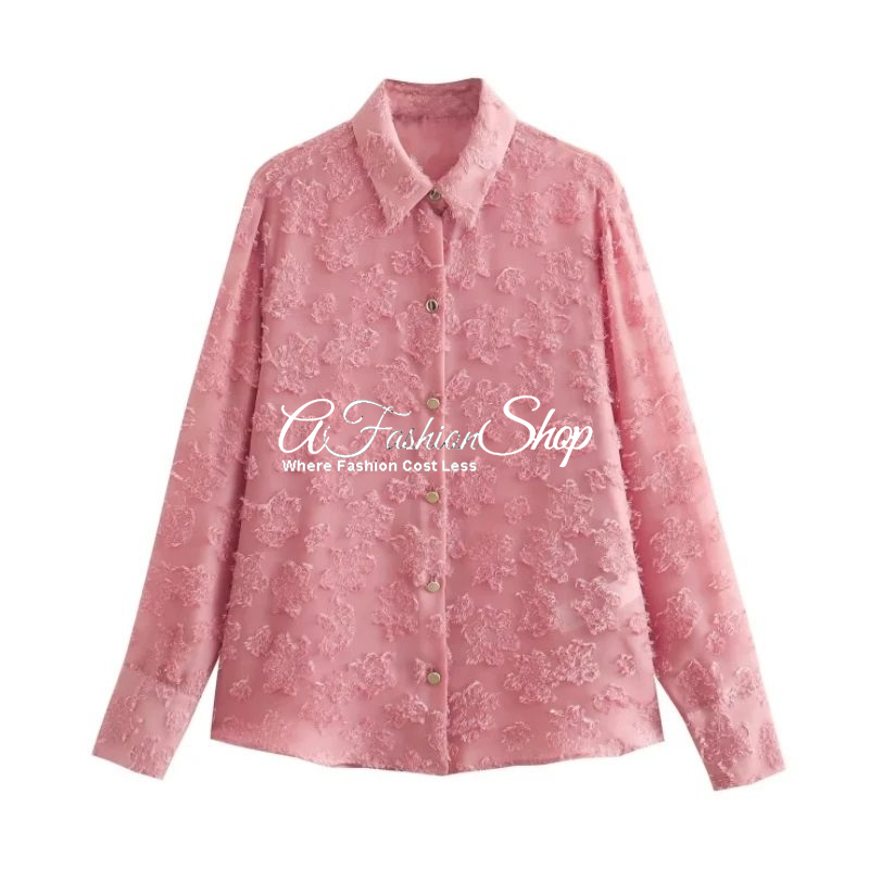 Floral Jacquard Long Sleeve Pinky Blouse