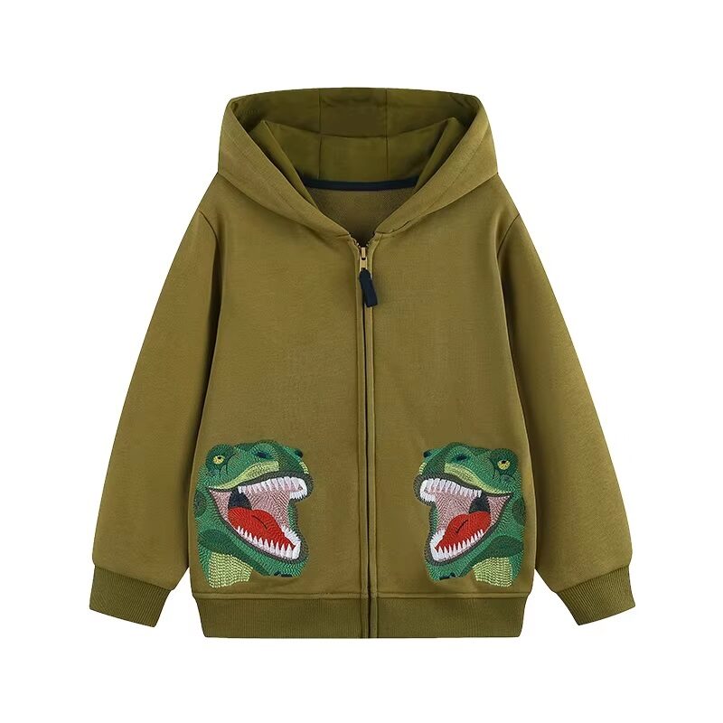 Olive Dinosaur Roar Zip-Up Appliqué