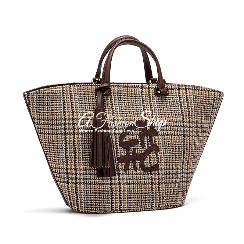 Amara Plaid Style Tote Bag -Khaki