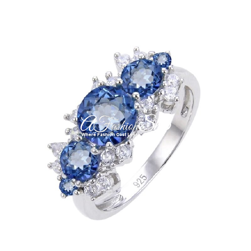 Mystic Blue Gemstone Ring Three Stone Wedding