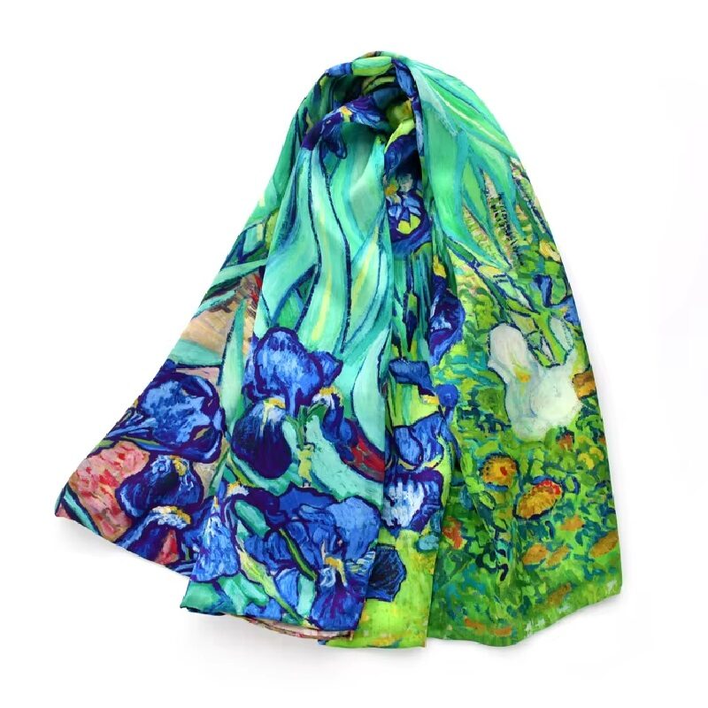 French Silk Garden Blue Irises Long Scarf Shawl