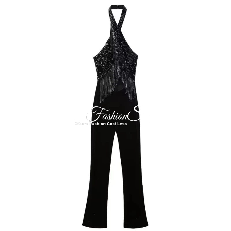 Zya Fringed Black Sequins Jumpsuit