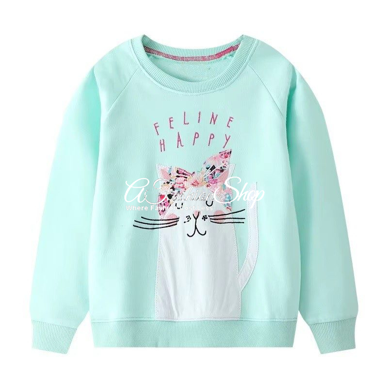Girl Happy Cat Appliqué Fleece Sweatshirt