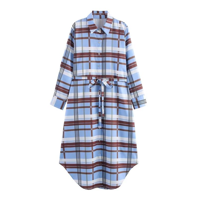 PEOPLE Blue Plaid Long Sleeve Shirt Dress