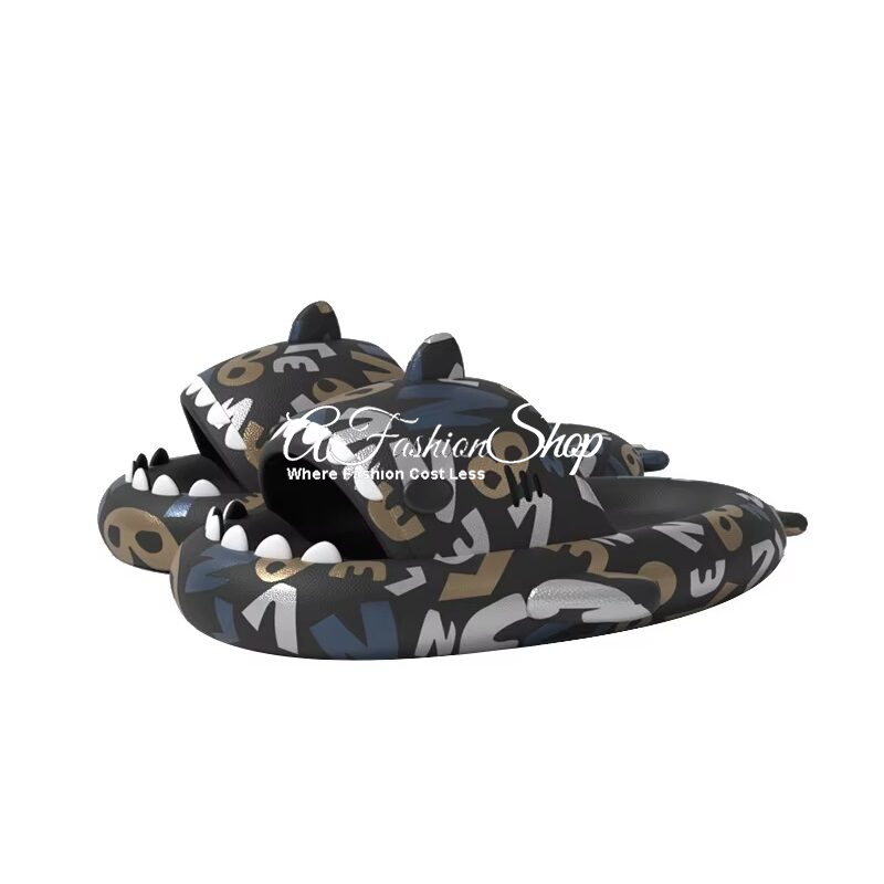 Shark Beach Letter Sandals Slip-On Black Number