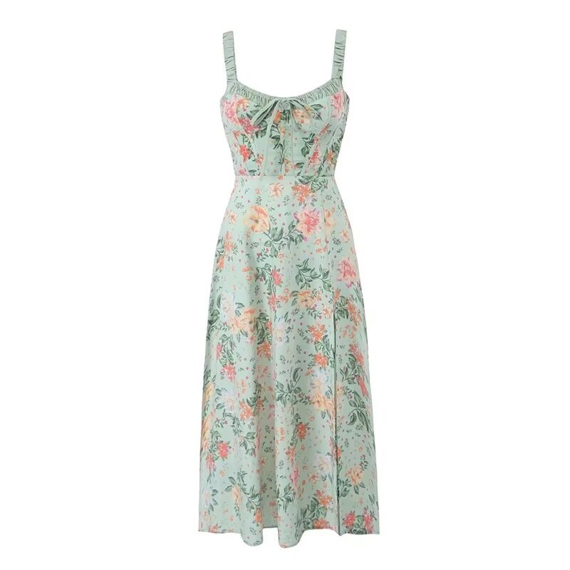 Green Floral Stretchable Strap Cocktail Dress