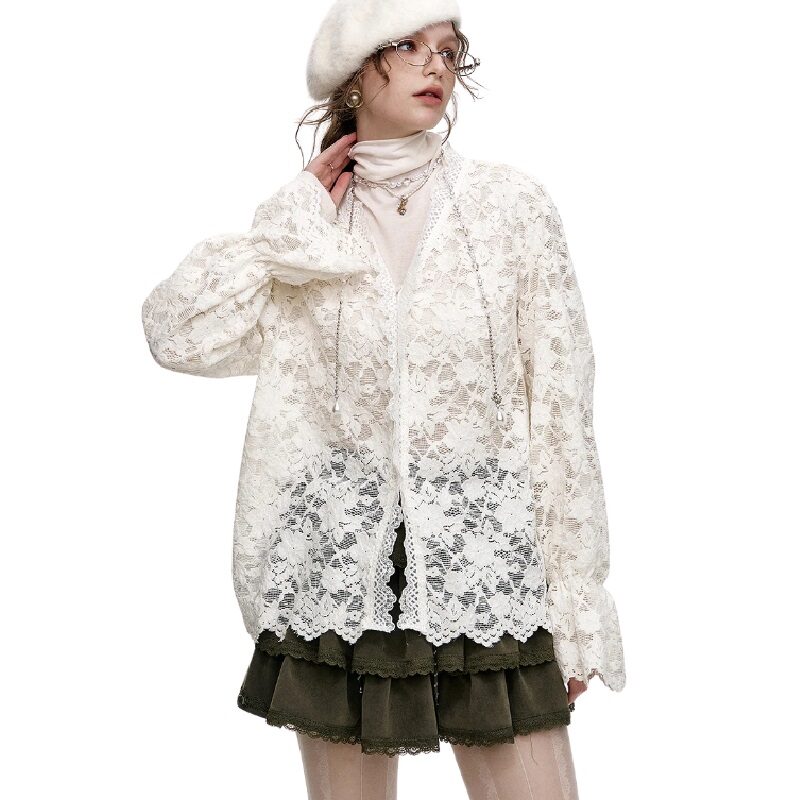 Romantic Long Sleeve Blouse White Lace Top