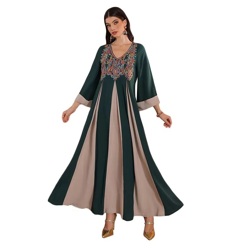 V-Neck Embroidered Green Pleated Gown